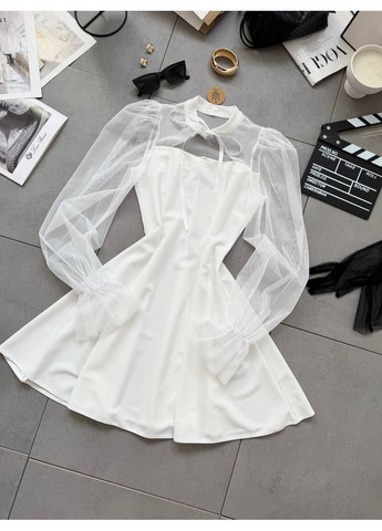 Молочна коктейльна сукня з креп-дайвінгу та сітки • вишукана й ніжна • заміри в описі DK/DL Мода без кордонів однотонна