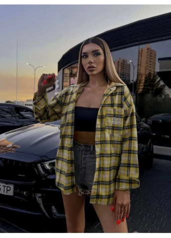 Желтая спортивная, повседневный, кэжуал, вечерний рубашка в клетку FINO Mode с длинным рукавом