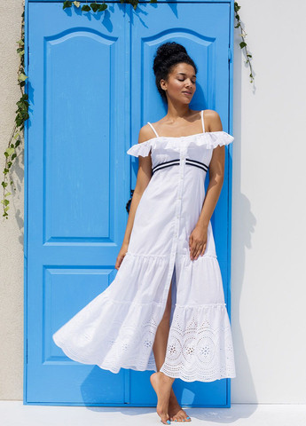 Белое кэжуал длинное платье белого цвета в морском стиле. ORA однотонное