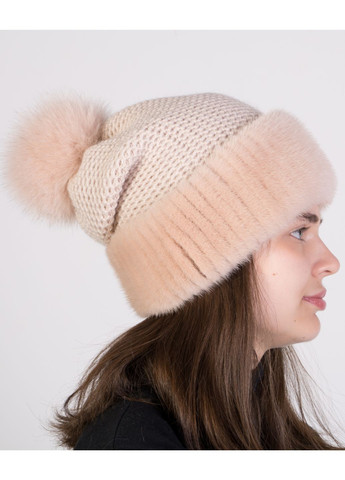 Жіноча в'язана шапка з натуральним хутром норки та помопном з хутра песця Меховой Стиль Соты (301277486)