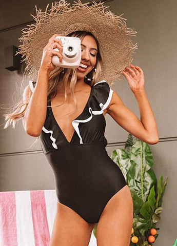 Черный демисезонный сплошной купальник margaryta с v-образным вырезом и рюшами черный (7340) слитный FS