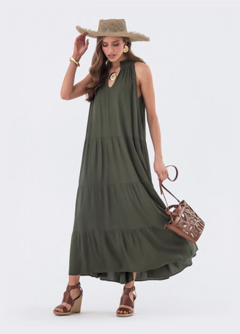 Оливковое (хаки) длинное платье цвета хаки с американской проймой Dressa
