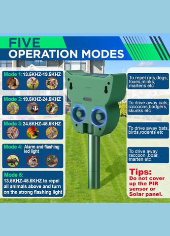 Ультразвуковой отпугиватель животных для сада 5 режимов Зеленый No Brand (317405787)