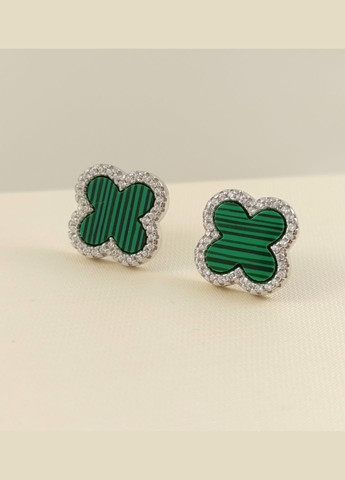 Серьги серебряные "Клевер" с малахитом и цирконием 22311465634 No Brand Сережки (329727506)