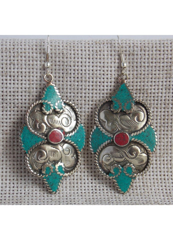 Непальські сережки етнічні з бірюзою і коралом в стилі бохо No Brand (366871688)