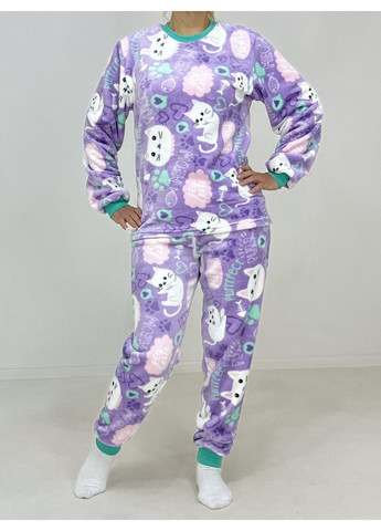 Голубая зимняя пижама женская велсофт белый кот 56 голубая 54487657-6 PARS