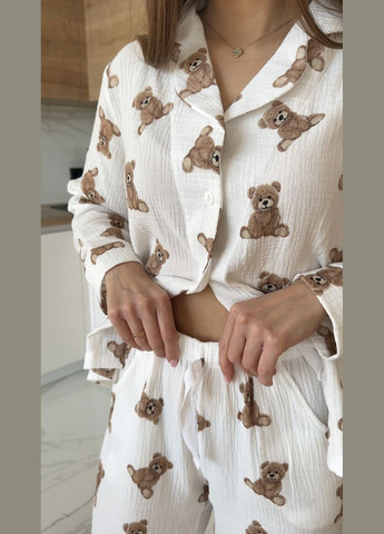 Белая всесезон пижама домашняя женская из муслина брюки + рубашка мишки teddy рубашка + брюки Cosy M220P