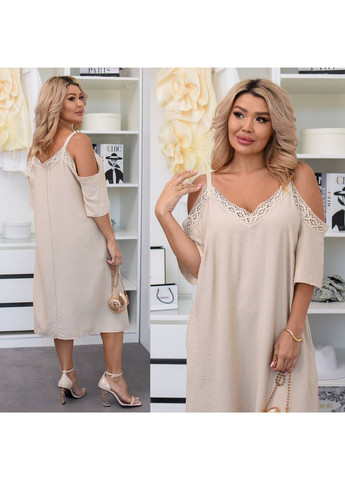 Бежевое праздничный, вечернее, кэжуал женское платье лён бохо силуэтная Style Point однотонное