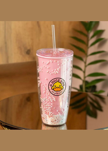 Стакан пластиковый многоразовый G. Duck 750 мл с крышкой и трубочкой, розовый Happy Life (322855576)