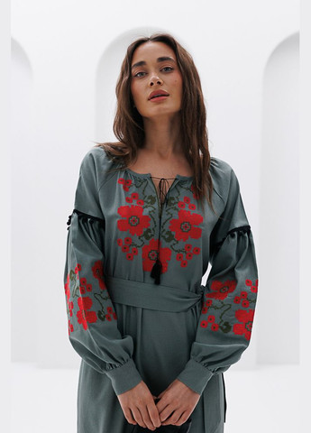 Зелена довге плаття-вишиванка бежеве з червоними маками хрестиком Arjen льон (297574688)