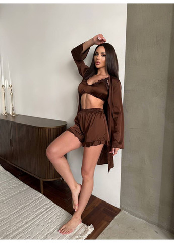Темно-коричневая всесезон женская пижама тройка FINO Mode