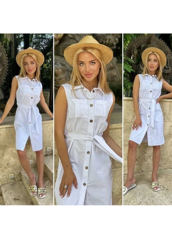 Білий льняна сукня-сорочка без рукавів Fashion