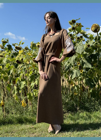 Коричневое коричневое платье макси с авторской вышивкой 5795к Cat Orange