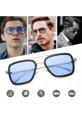 Окуляри чоловічі Тоні Старка сонцезахисні ретро блакитні у сріблястій металевій оправі поляризовані UV400 стиль унісекс No Brand (364859661)