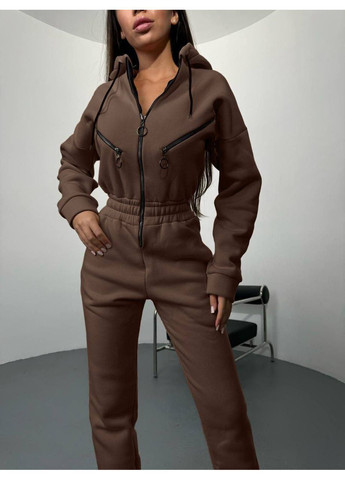 Женский комбинезон на флисе FINO Mode комбинезон-брюки однотонный коричневый повседневный, вечерний, кэжуал трехнитка, флис