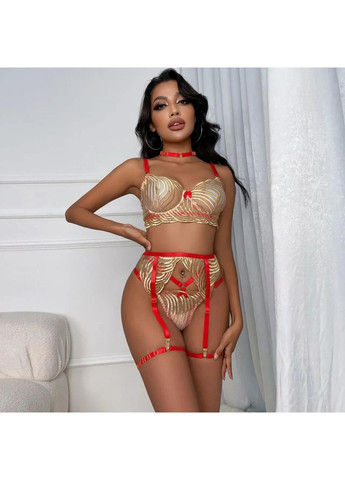 Золотистий демісезонний мереживний комплект із поясом. еротичний жіночий мереживний комплект білизни золотого кольору в комплекті пояс та підв'язки No Brand