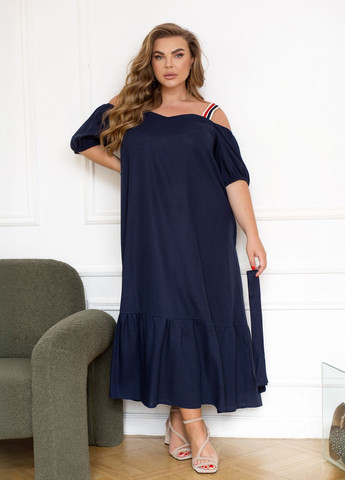 Темно-синя повсякденний, коктейльна, кежуал сукня міді з відкритими плечима а-силуету з поясом дзвін, кльош, з відкритими плечима, а-силует, з відкритою спиною No Brand однотонна