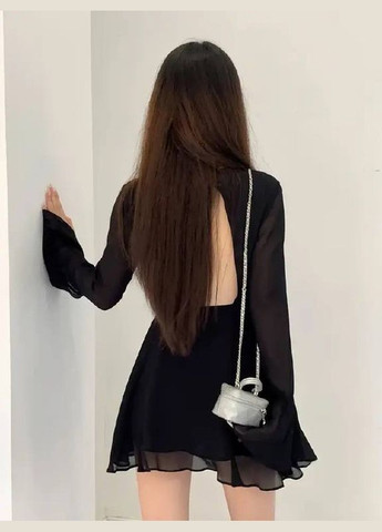 Черное лёгкое чёрное летнее платье с открытой спиной из креп-шифона, короткое вечернее платье с длинным рукавом No Brand