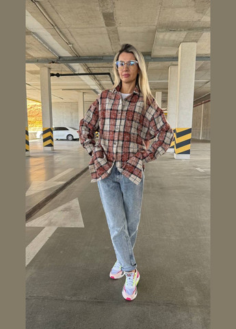 Бежевая спортивная, домашний, повседневный, кэжуал, джинсовая рубашка в клетку No Brand с длинным рукавом