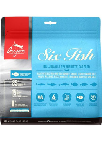 Сухий корм для кішок всіх порід 6 Fish Cat & Kitten з рибою 340 г (o28134) Orijen (308752517)
