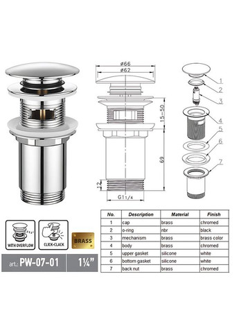 Донний клапан для раковини PW-07-01 1 1/4'' з переливом автоматичний СLICK-СLACK (Колір хром) (KR5782) KOER (369933099)