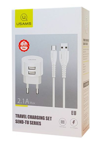 Зарядный набор T20 2 выхода угловых USB (блок адаптер + кабель) белый USAMS (293345471)