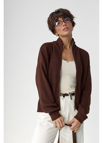 В'язаний однотонний кардиган з коміром-стійкою - коричневий колір Lurex (370601996)
