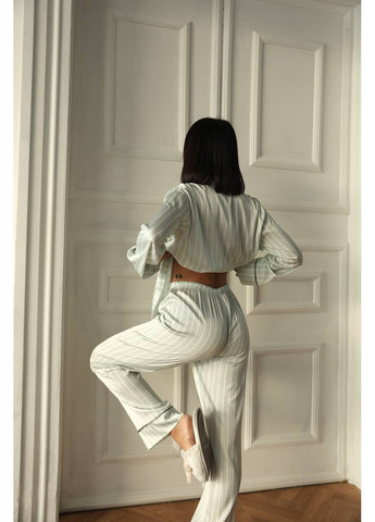 Біла всесезон жіноча піжама | біла у смужку сорочка + брюки Vital-Textile 1268