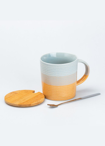 Чашка з бамбуковою кришкою та ложкою керамічна 350 мл Помаранчева TS Kitchen (315636464)