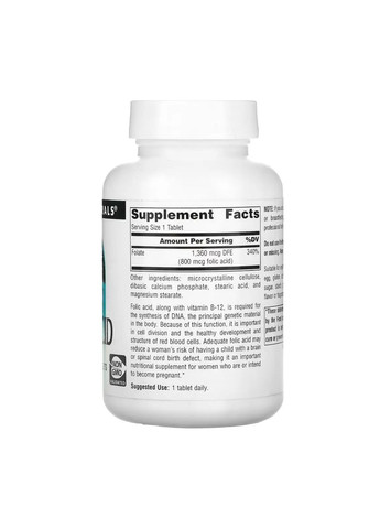 Фолієва кислота 800 мкг для вагітних 200 таблеток вітамін B9 Source Naturals (367956485)