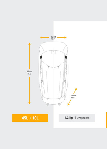 Женский Туристический Рюкзак для Трекинга MT900 (45л + 10л) 65 x35 x 30см с Дождевиком Серый FORCLAZ (342966927)