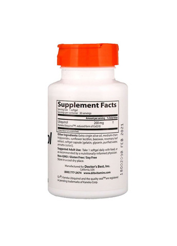 Убихинол, Ubiquinol with Kaneka,, 200 мг, 30 желатиновых капсул Doctor's Best (326055090)