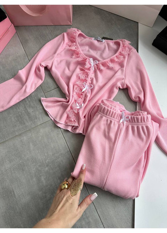 Розовая всесезон женская пижама с нежными акцентами кофта + брюки Україна