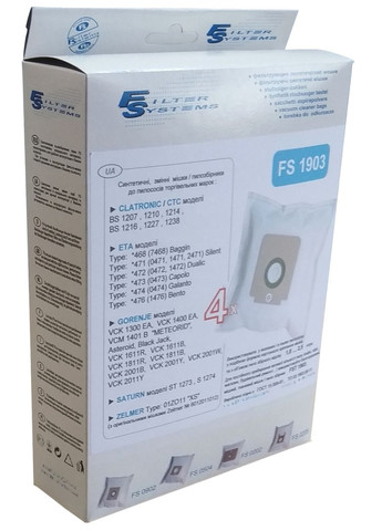 Одноразові мішки FS 1903 (4 шт. в упаковці) для пилососа CLATRONIC, GORENJE, ZELMER, SATURN. Filter Systems FS1903 (334303437)