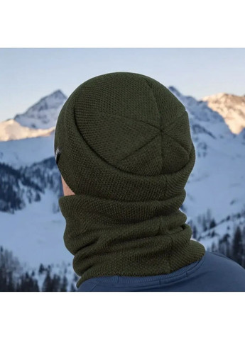 Мужской зимний комплект шапка с хомутом на флисе, вязаный набор One Size 50–60, теплый акриловый цвет хаки No Brand (363052198)