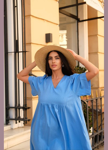 Блакитна повсякденний жіноча сукня вільного крою з льону Avanti однотонна