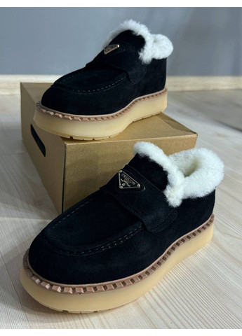 Осенние ботинки женские 69-2 замшевые лоферы на меху черные Hengji из натуральной замши