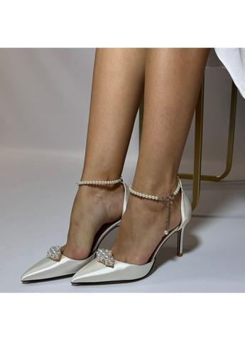 No Brand Женские туфли свадебные атласные и ремешком жемчуг и брошью 9 см белый з текстиль, — (351394441)