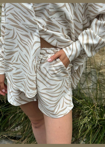 з сорочкою і шортами — літній вільний комплект з довгим рукавом і кишенями No Brand Лляний жіночий костюм (333342426)