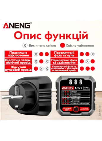 Цифровой тестер розеток AC27 для проверки УЗО и выявления ошибок Black (3_06931) Aneng (395880017)