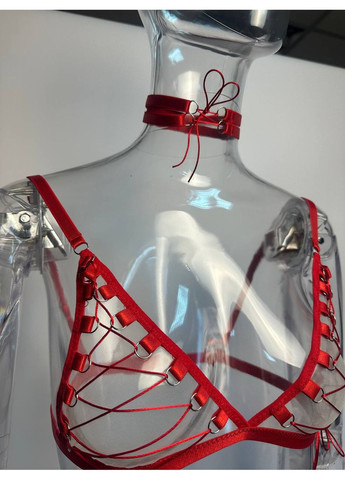 Червоний демісезонний комплект жіночої нижньої білизни poker з шнурівкою бюстгалтер трусики з гартерами та чокер червоний No Brand Покер
