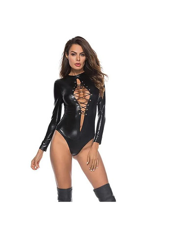 Черный демисезонный сексуальный боди с латексом. женский боди со шнуровкой. No Brand