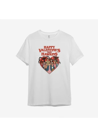 Біла футболка з принтом "happy valentine's from hawkins". stranger things (10979017833) з коротким рукавом ТiШОТКА