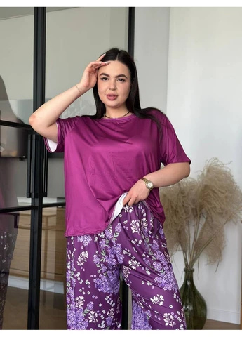 Фиолетовая всесезон пижама женская - домашний костюм plus size футболка + брюки No Brand