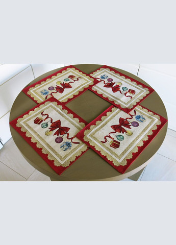 Новорічні серветки під тарілки, гобеленові підтарільники червоні з люрексом Дарунок від Санти набір з 2 серветок. Maystat (305391012)