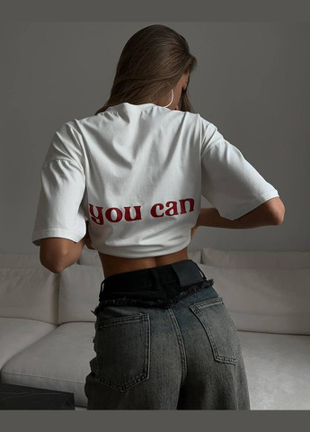 Біла всесезон красива однотонна біла футболка з турецького куліра (100% бавовна) з написом на спині "you can", футболка у розмірі 42-46 No Brand 238