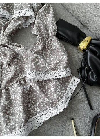 Серое платье софт с кружевом, с поясом и рукава с резиночками Україна