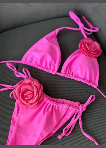 Рожевий літній жіночий роздільний купальник бразильське бікіні з об’ємними квітами 3d sunset чорний No Brand