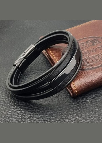 Мужской кожаный браслет плетеный, черный с металлическими вставками и магнитным замком No Brand (328251231)