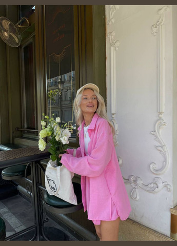 Женский розовый стильный качественный костюм летний комплект из льна. No Brand костюм (291881922)